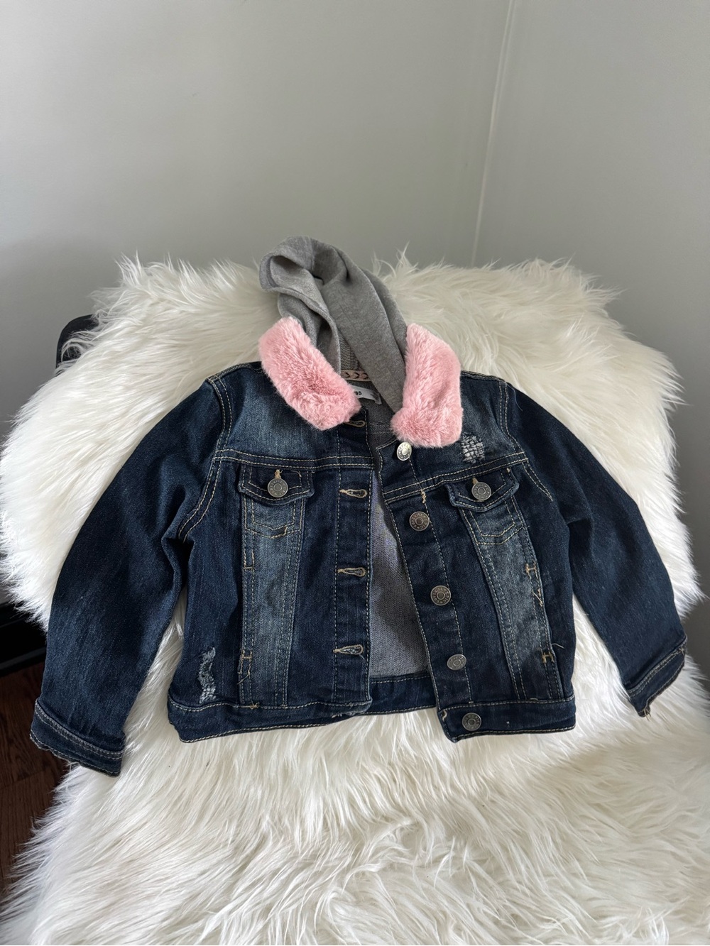 Epic Threads Dark Blue Denim Jacket with Pink Faux Fur Hood